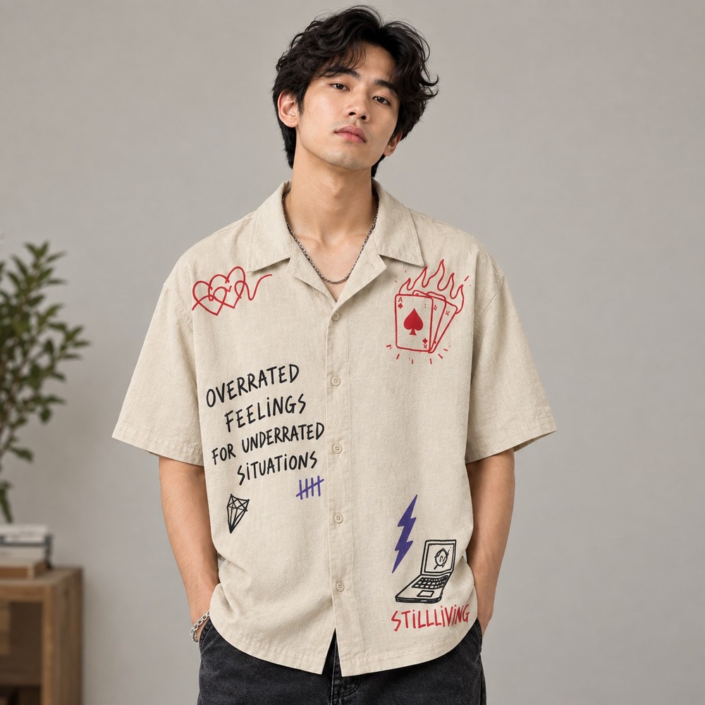 Zara Man Cem Akyol Doodle Graphic Short Sleeve Polo Shirt Cream Tan Size XL